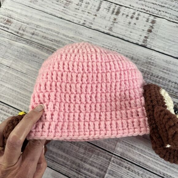 Crochet Sock Monkey Muffs Pink Youth Hat Beanie Trapper Handmade - Picture 9 of 9